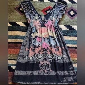 Elan LOVE Tattoo Ed Hardy Biker Art Style Deep Cut Y2K Mini Dress Tunic Small